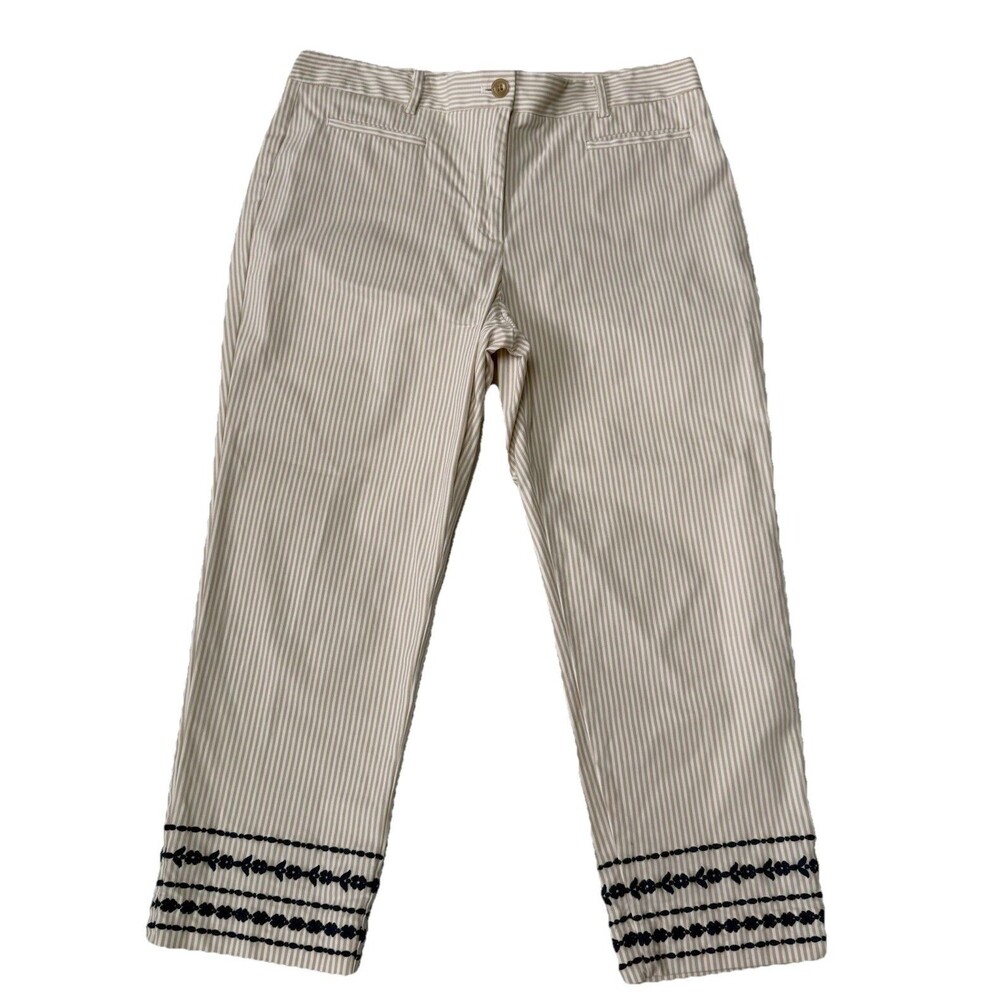 Ann Taylor Petite Cropped Ankle Pants 12P Beige White Stripe Embroidered Hem